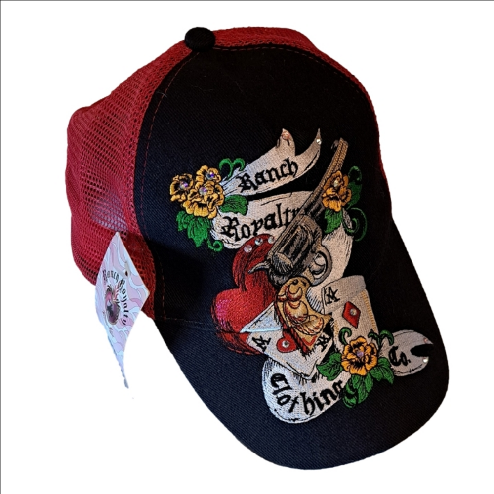 Ranch Royalty Black and Red Embroidered Hat Roses and Revolvers. NWT. STORE SALE